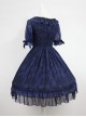 Dark Blue Short Sleeves With Flounce Hemline Lace Dress