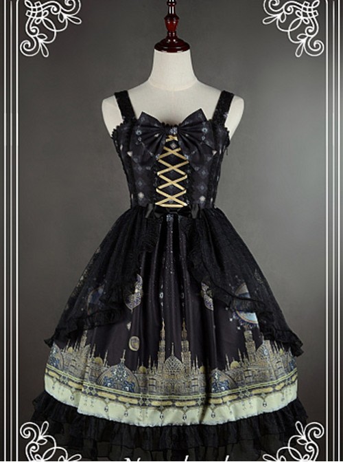 Bowknot Decorated Neckline Wide  Straps Lolita JSK / Jumper Skirt with Tulle Overlay - Arabian Nights by Souffle Song