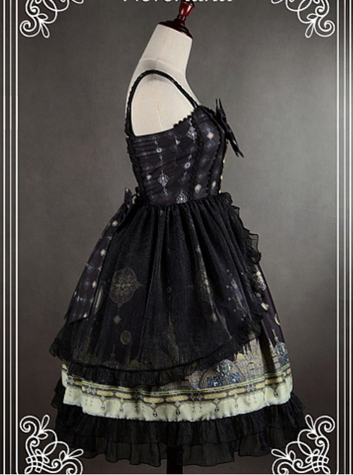 Bowknot Decorated Neckline Wide  Straps Lolita JSK / Jumper Skirt with Tulle Overlay - Arabian Nights by Souffle Song