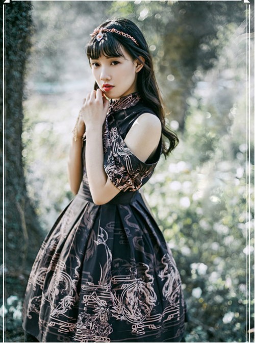 Black Kowloon Missing Shoulder Print Dress