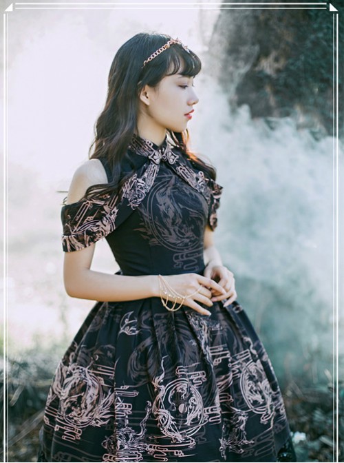 Black Kowloon Missing Shoulder Print Dress