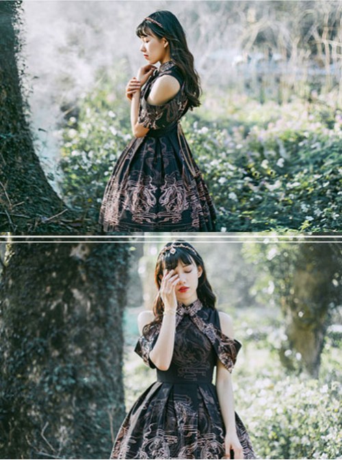 Black Kowloon Missing Shoulder Print Dress