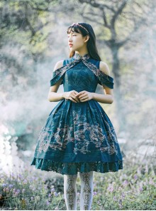 Blue Kowloon Missing Shoulder Print Dress