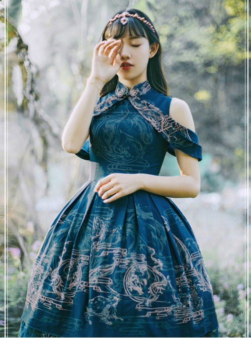 Blue Kowloon Missing Shoulder Print Dress