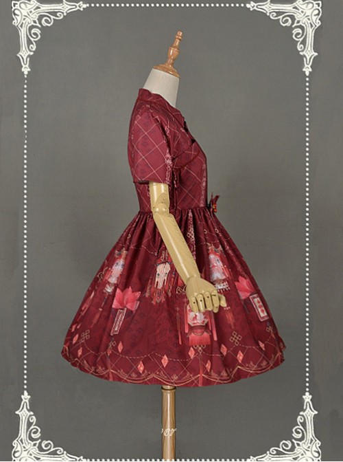 Dark Red Short Sleeves  Pleated Skirt Qi Lolita Dress - Chinese Palace Lanterns