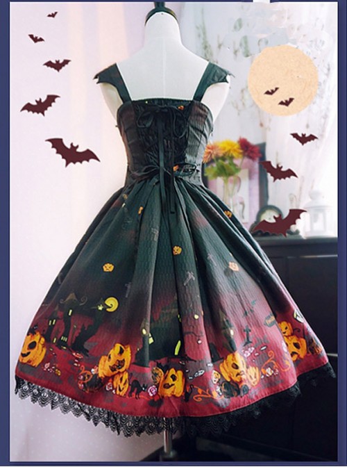 Black And Red Halloween Themed Pumpkin Printed Self Cultivation Skirt