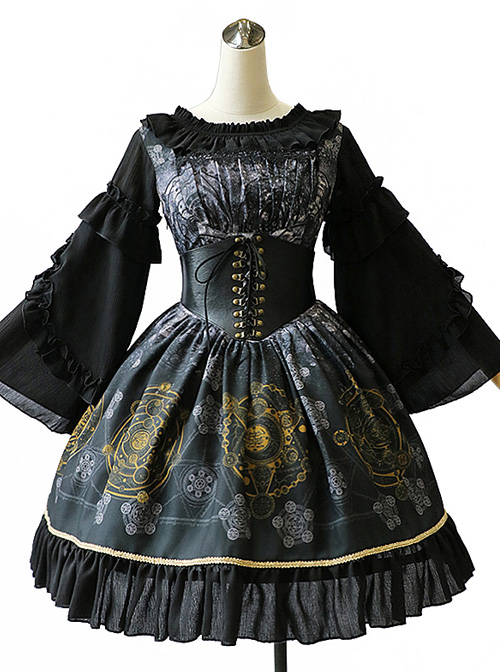 Black Grey Meteorite Magic Printed  Lolita Dress