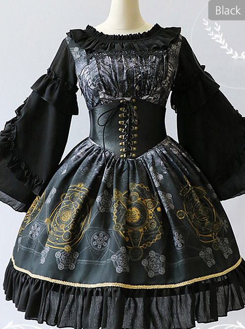 Black Grey Meteorite Magic Printed  Lolita Dress