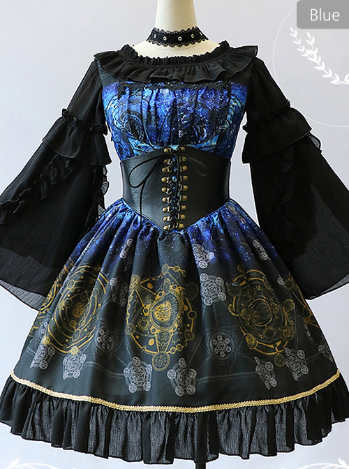 Black Grey Meteorite Magic Printed  Lolita Dress