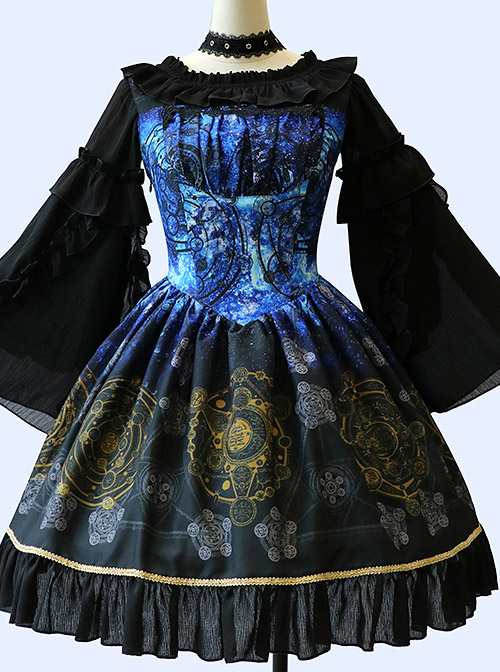 Black Grey Meteorite Magic Printed  Lolita Dress
