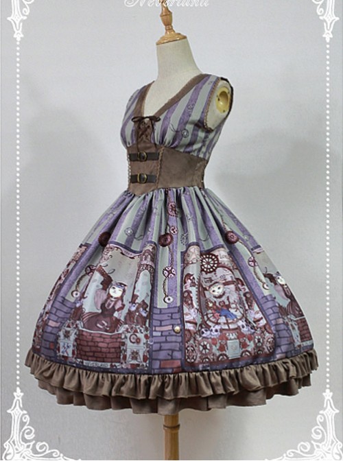 High Waist V-neck Steampunk Lolita JSK - Steampunk Cat by Souffle Song