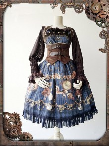 Dark Blue Mechanical Doll Bow Belt Dress