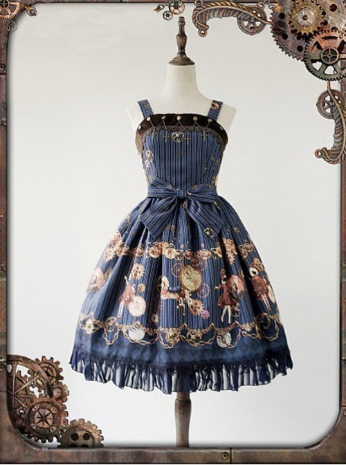 Dark Blue Mechanical Doll Bow Belt Dress