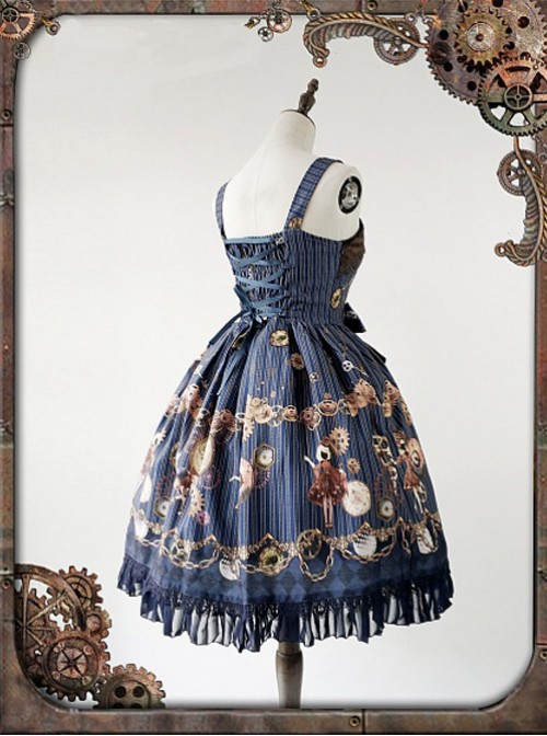 Dark Blue Mechanical Doll Bow Belt Dress