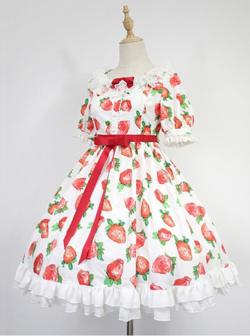 Strawberry Printed Empire Waist Short Sleeves OP