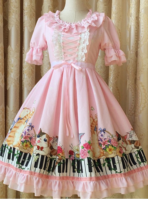 Ruffled Neckline and Skirt Hemline Sweet Kitties and Piano Printed OP