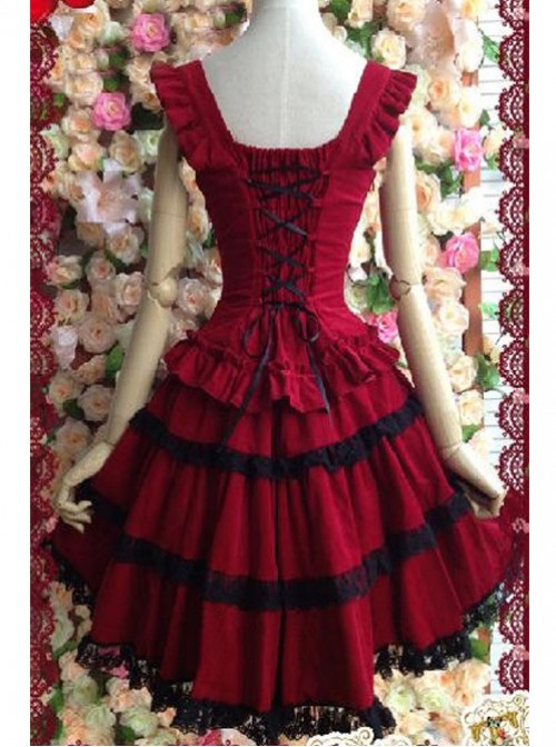 Dark Red Palace Wind Lace Waist Suspender Dress