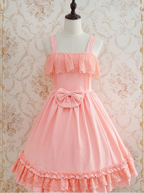 Tank Straps And Lace Trimmed Neckline Bowknot Pink Dress