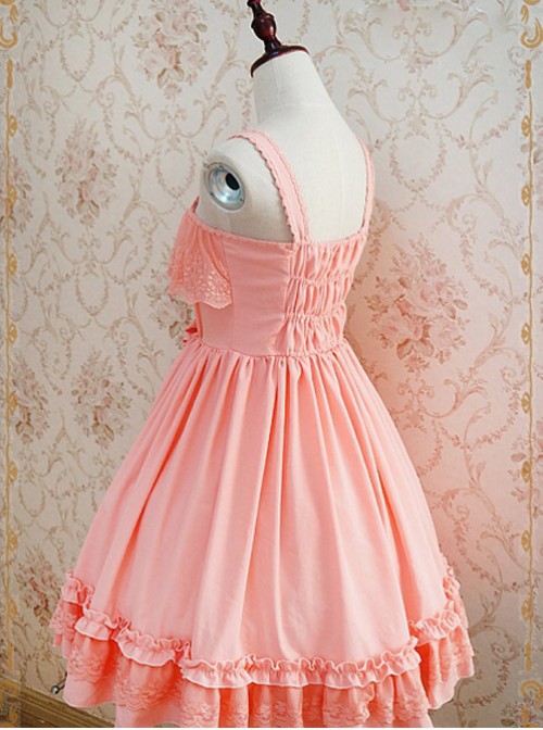 Tank Straps And Lace Trimmed Neckline Bowknot Pink Dress