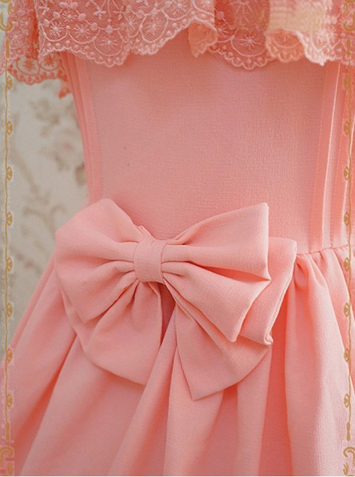 Tank Straps And Lace Trimmed Neckline Bowknot Pink Dress