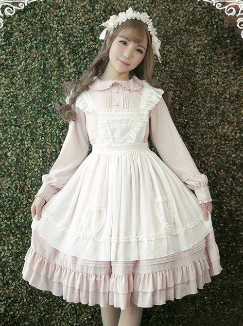 White Apron Dress Lotus Leaf Edge Pastoral Style Lolita Long Sleeve Dress