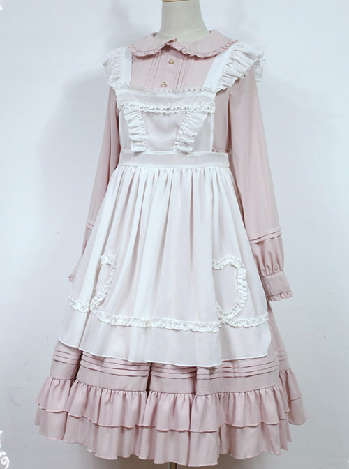 White Apron Dress Lotus Leaf Edge Pastoral Style Lolita Long Sleeve Dress