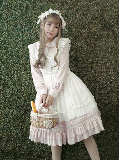 White Apron Dress Lotus Leaf Edge Pastoral Style Lolita Long Sleeve Dress