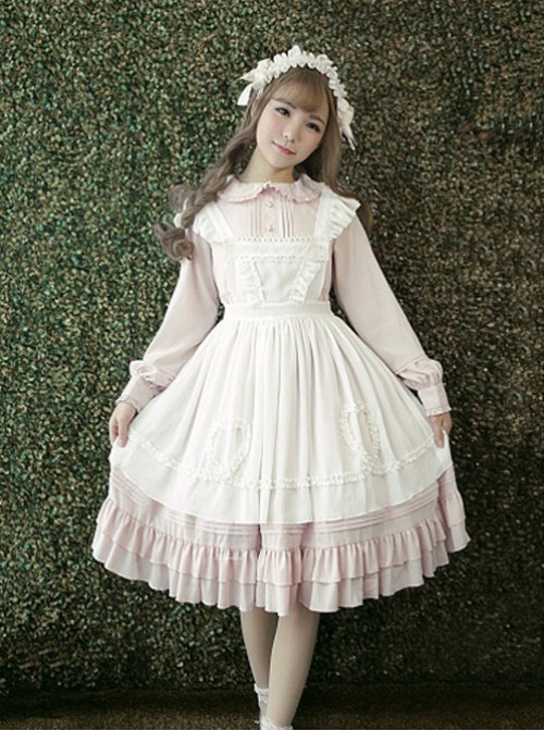 White Apron Dress Lotus Leaf Edge Pastoral Style Lolita Long Sleeve Dress