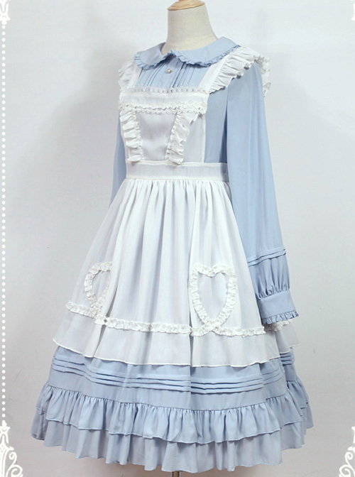 White Apron Dress Lotus Leaf Edge Pastoral Style Lolita Long Sleeve Dress