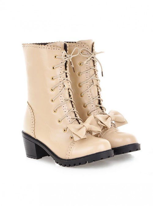 Bow Beige Retro Carved  Boots