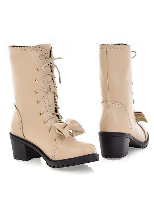 Bow Beige Retro Carved  Boots