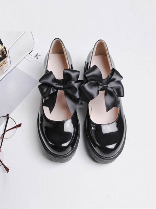 Black Bowknot Thick High Heels Doll Leather Shoes