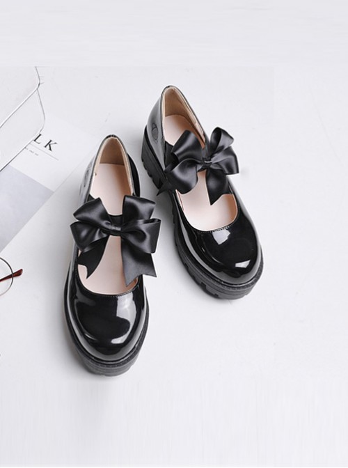 Black Bowknot Thick High Heels Doll Leather Shoes