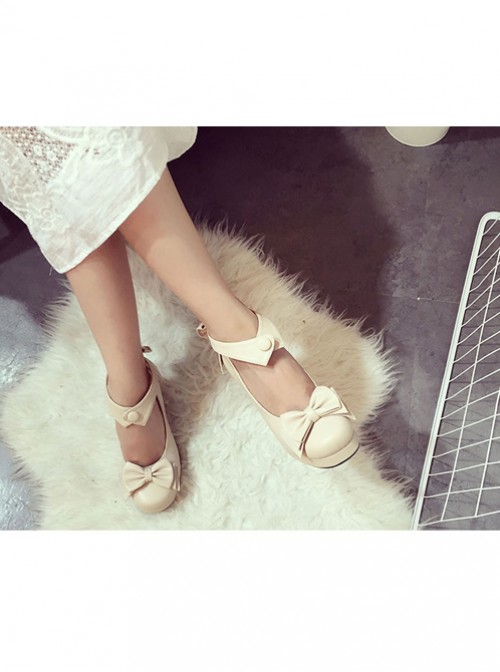 Beige Soft Sister Bowknot Princess Cute Lolita High Heel Shoes