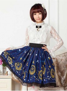 Sweet Dark Blue Stars & Moons Printed Lolita Pleated Skirt