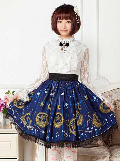 Sweet Dark Blue Stars & Moons Printed Lolita Pleated Skirt