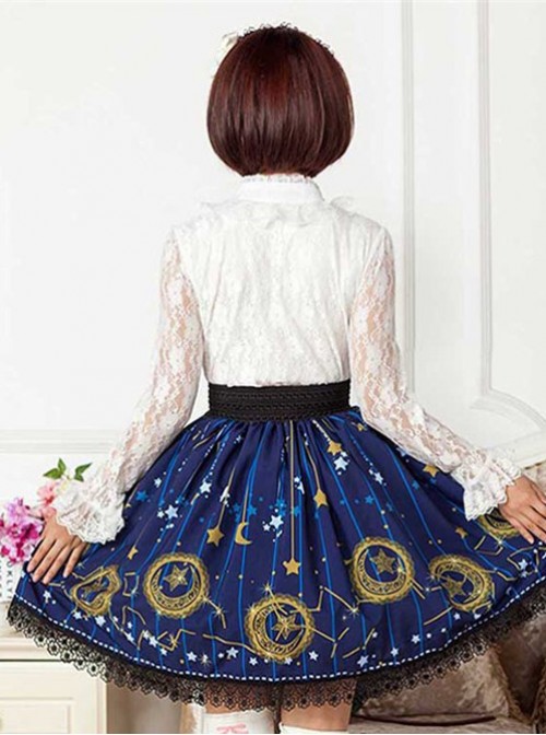 Sweet Dark Blue Stars & Moons Printed Lolita Pleated Skirt