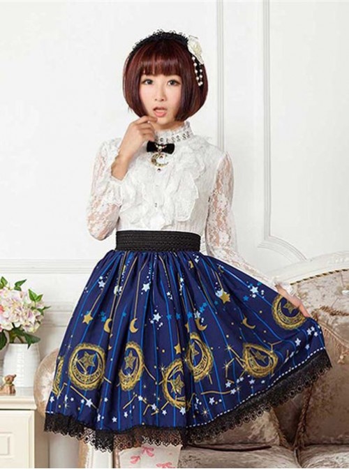 Sweet Dark Blue Stars & Moons Printed Lolita Pleated Skirt