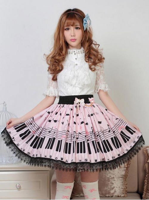 Sweet Pink Piano Keyboard Prints Lolita Pleated Skirt