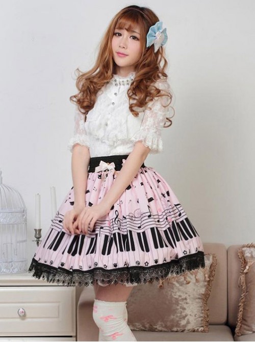 Sweet Pink Piano Keyboard Prints Lolita Pleated Skirt