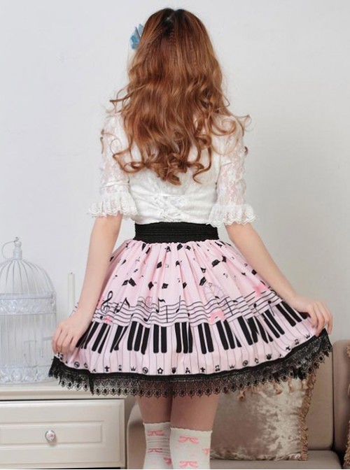 Sweet Pink Piano Keyboard Prints Lolita Pleated Skirt