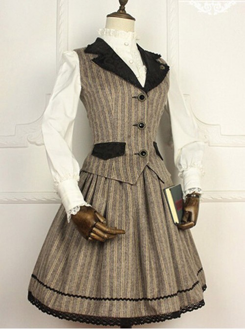 Miss Point Vintage School Stripes Lolita Vest and Skirt Set