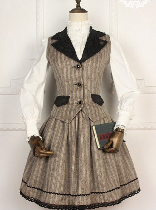 Miss Point Vintage School Stripes Lolita Vest and Skirt Set