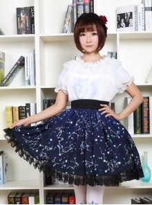 Sweet Dark Blue Constellation Printed Lolita Pleated Skirt