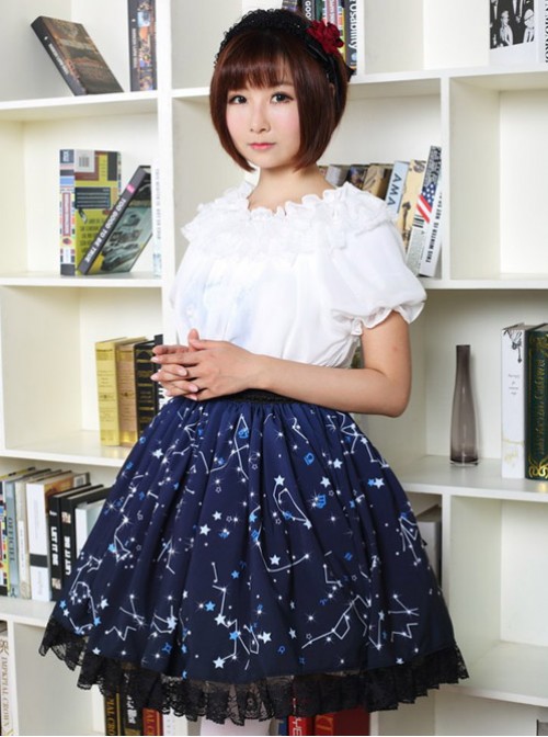 Sweet Dark Blue Constellation Printed Lolita Pleated Skirt