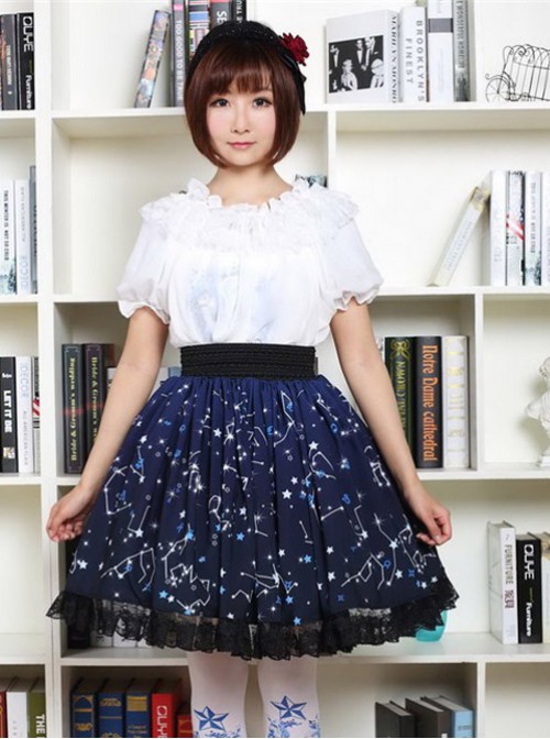 Sweet Dark Blue Constellation Printed Lolita Pleated Skirt