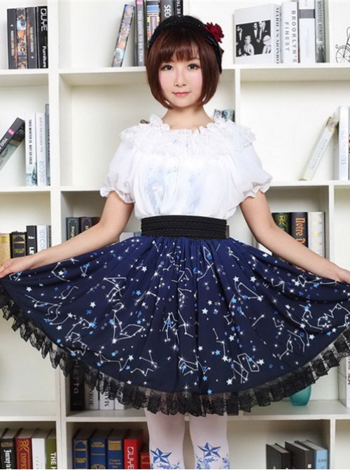 Sweet Dark Blue Constellation Printed Lolita Pleated Skirt