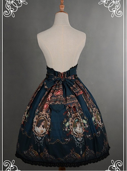 Dark Blue Vintage High Waist Lace Printed Lolita Skirt