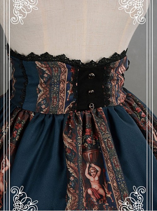 Dark Blue Vintage High Waist Lace Printed Lolita Skirt