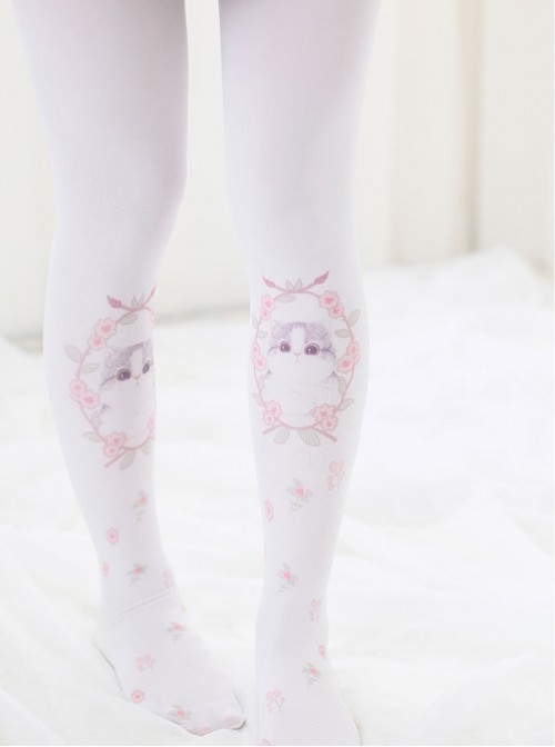 Japanese Sweet Soft Sprouted Cat Print Stockings Cute Lolita Students Bottoming Socks